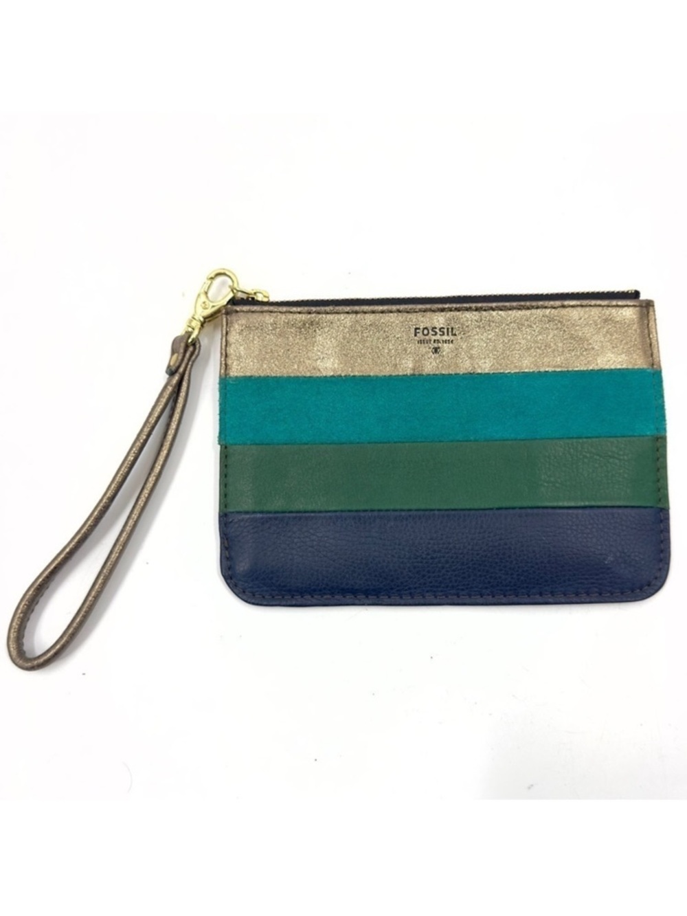 Fossil Leather Striped Wristlet Pouchette Wallet Bag Metallic Zip Pouch Clutch